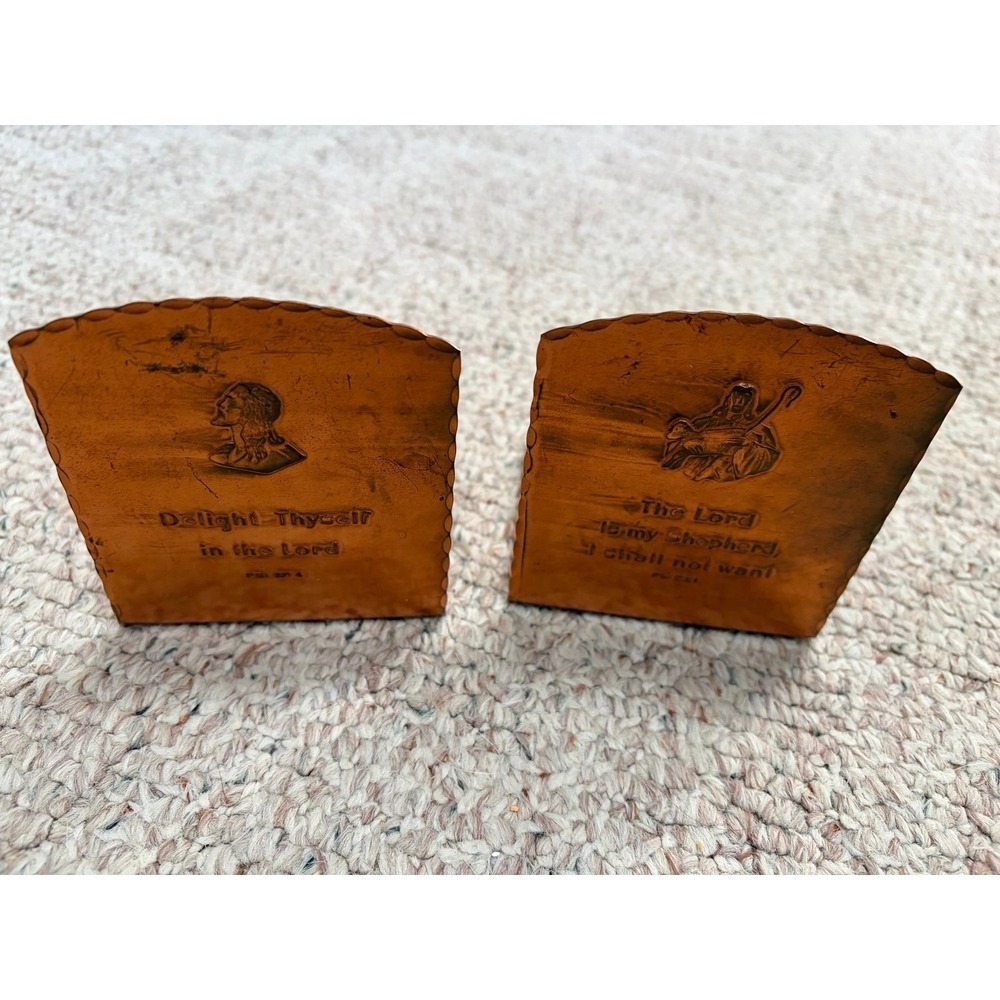 Vintage Copper Religious Bookends Jesus Good Shepherd Psalm 23 37 Scripture Pair